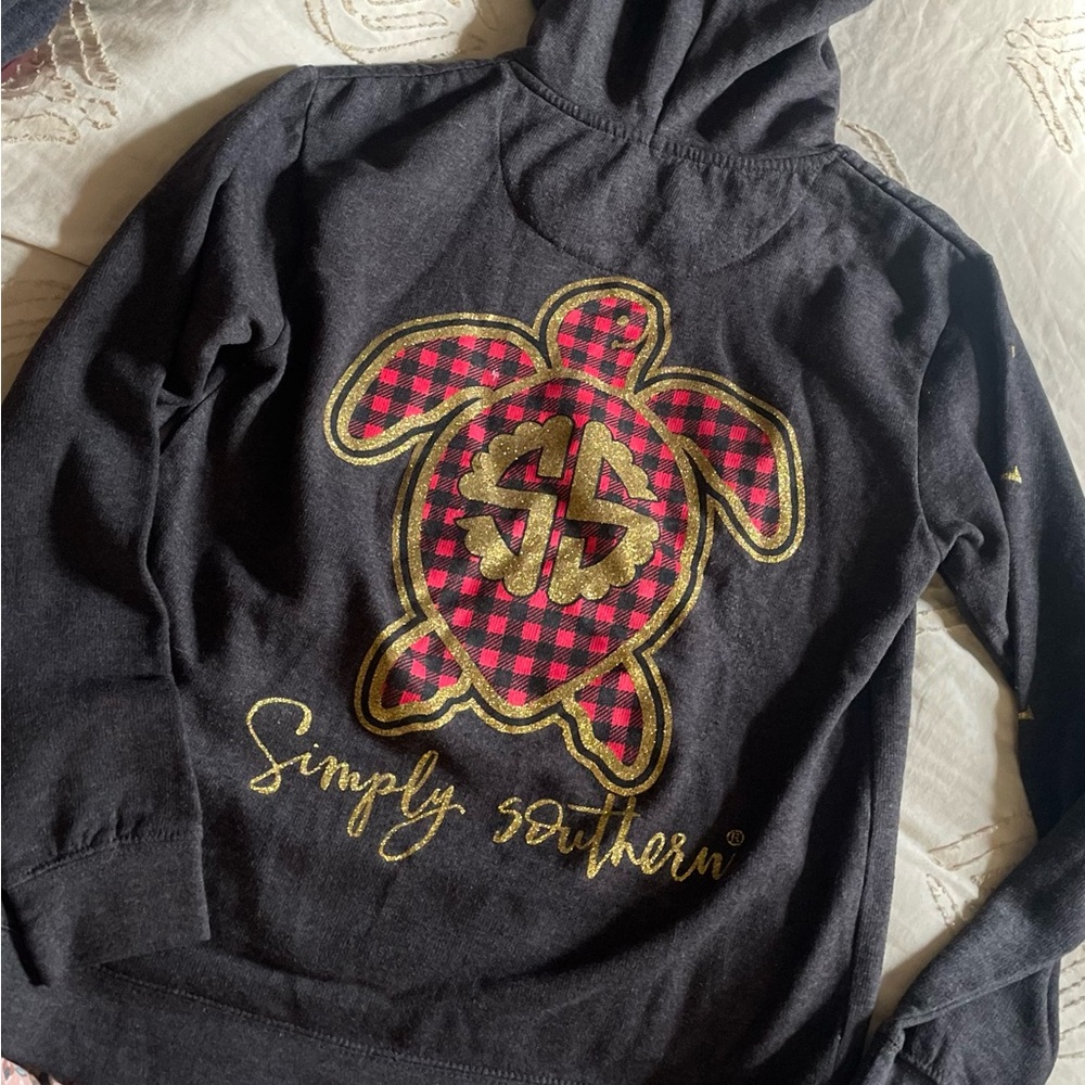 Simply Southern Dark Gray Hoodie with Plaid Turtle Design